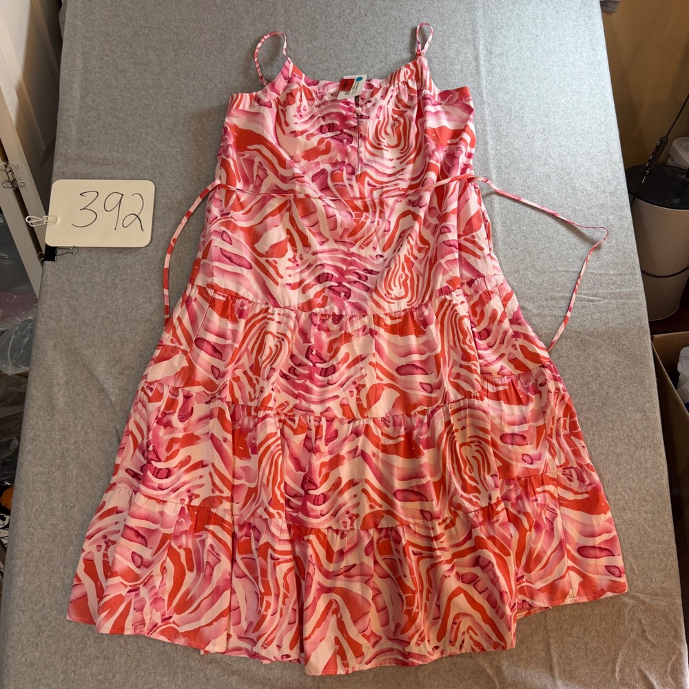 THML Lindsay Tiered Print Dress Pink Orange Abstract Sleeveless Midi Medium NWT